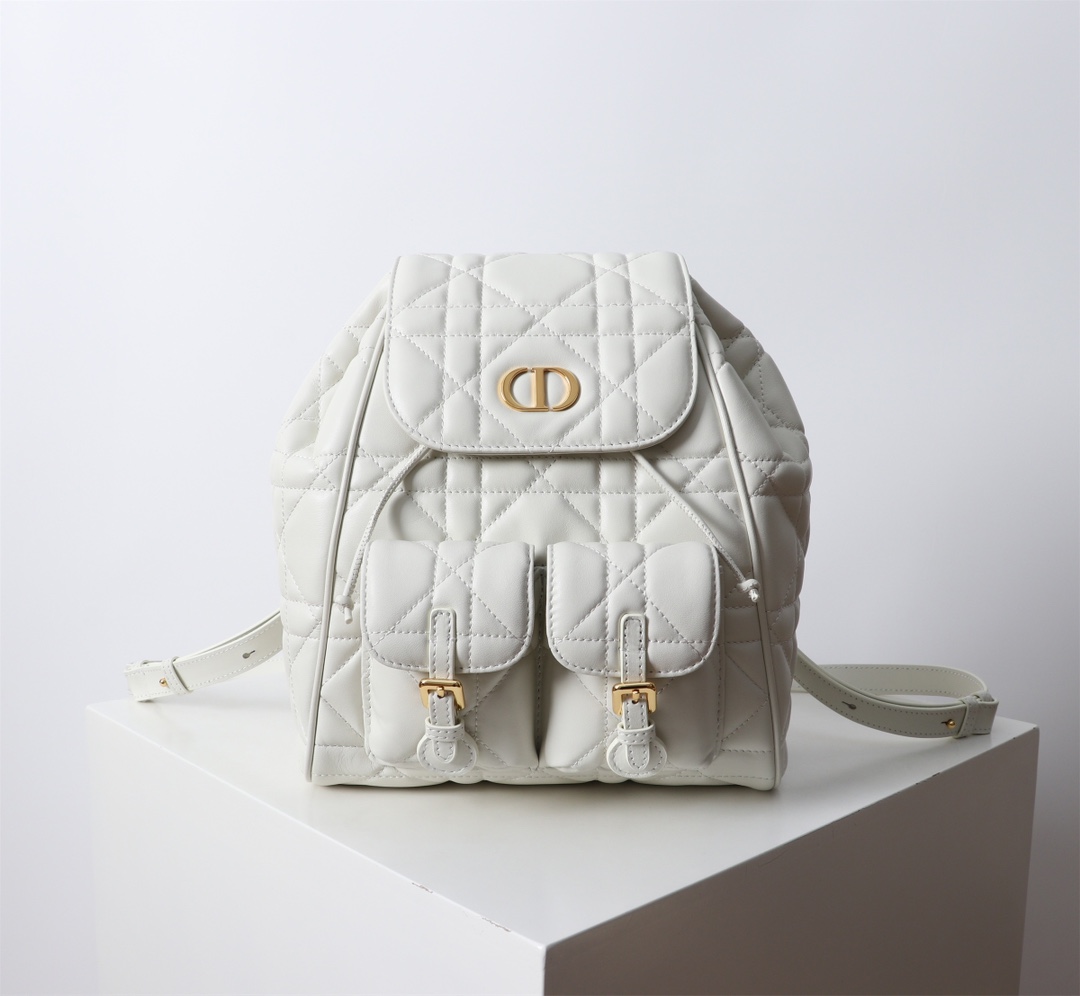 Medium Dior Caro Backpack White Macrocannage Lambskin